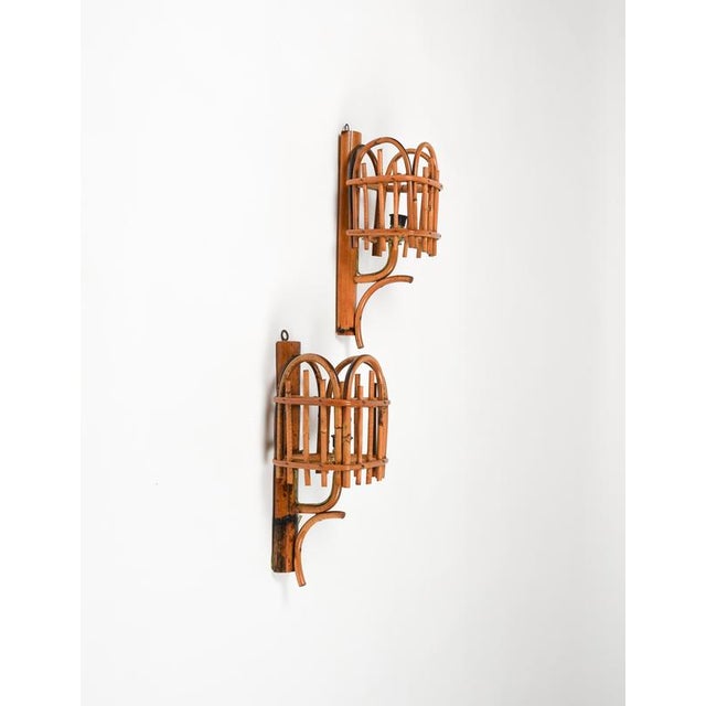 Brown Bamboo and Rattan Lantern Sconces in the style of Louis Sognot, Italy, 1960s, Set of 2 For Sale - Image 8 of 13