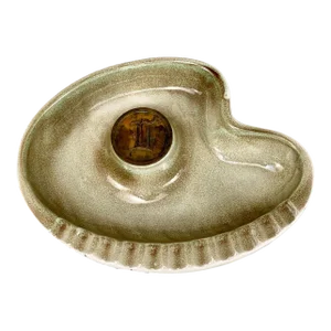 Mid-Century Atomic Kidney Light Green Porcelain Monogram “l” Cigar Ashtray
