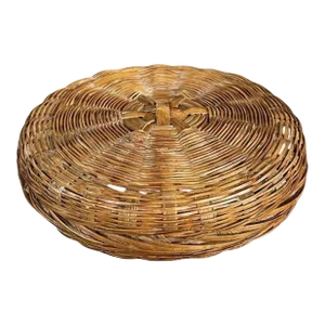 Mid 20th Century Round Woven Wicker Bead Basket With Lid