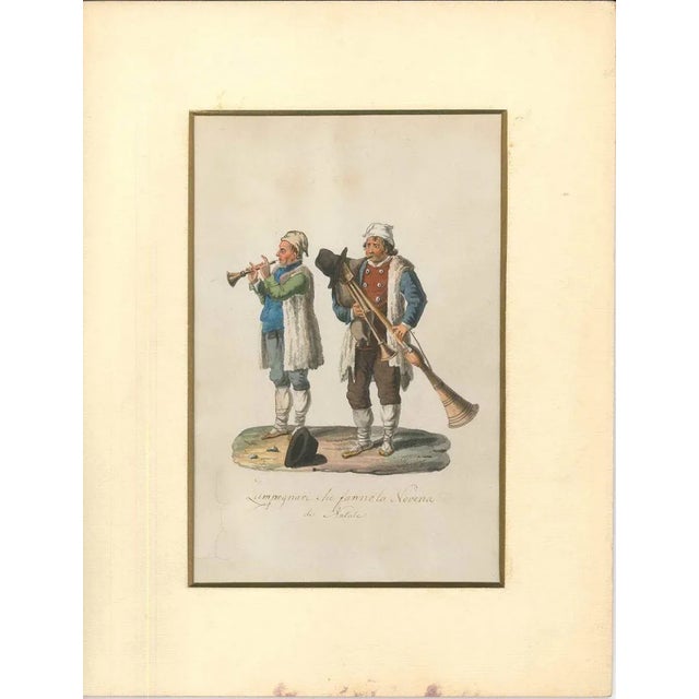Watercolour on paper, 1820 c.a. Hand-titled ''Zampognari che fanno la Novena di Natale'' (Bagpipers Playing During...