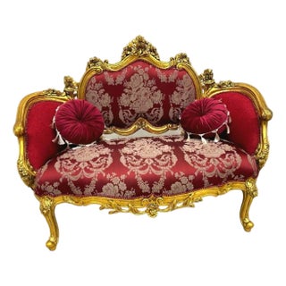 Royal Bordeaux Rococo Loveseat – Hand-Gilded Gold Leaf Frame, Damask Upholstery & Matching Bolster Pillows For Sale
