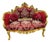 Royal Bordeaux Rococo Loveseat – Hand-Gilded Gold Leaf Frame, Damask Upholstery & Matching Bolster Pillows For Sale