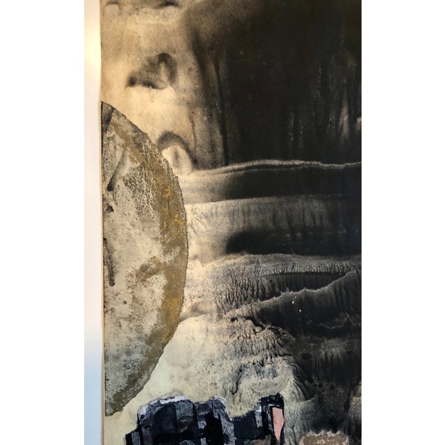 1960s Yitzhak Greenfield, Kibbutz Abstract Jerusalem Nightscape Israeli Tempera Collage Painting Judaica, 1967 For Sale - Image 5 of 8