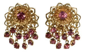 1960s Vintage Gold Plated Filigree Earrings With Pink Dangling Rhinestones- Set of 2