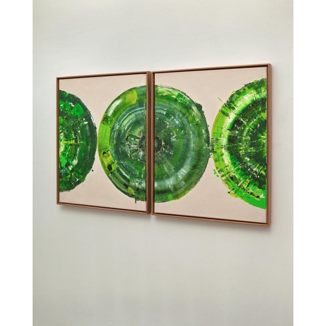 Green Circle Diptych Ii, Contemporary Painting on Canvas, Framed For Sale - Image 4 of 12