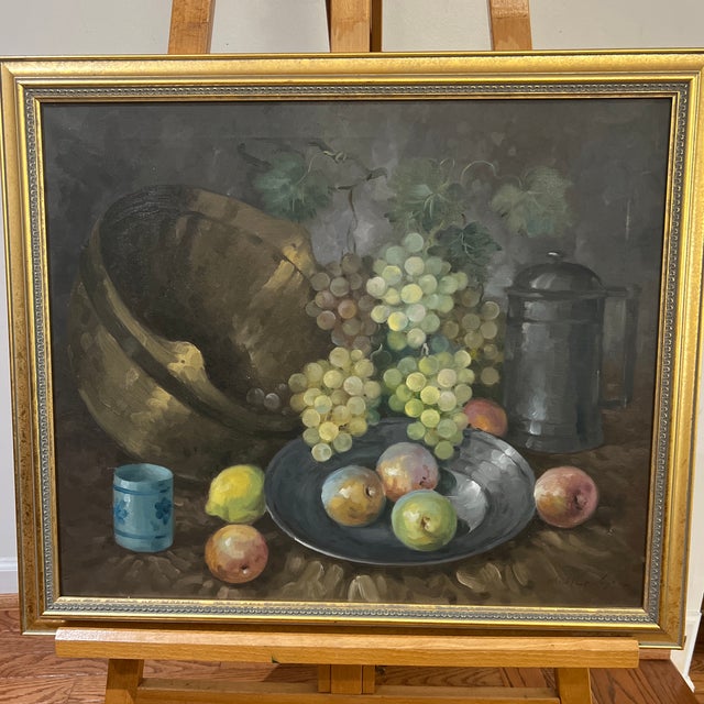 20th Century American school Tabletop still life grapes and fruits signed framed