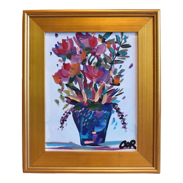 Colorful Floral Bouquet of Flowers in Blue Flower Pot Painting Including the Antiqued Gold Wood Frame For Sale