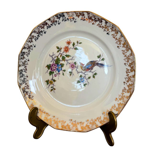 Hand-Decorated Porcelain Dessert Plates with Bird and Floral Motif and Gilt Trim from Limoges, 1930, Set of 6 For Sale - Image 4 of 6