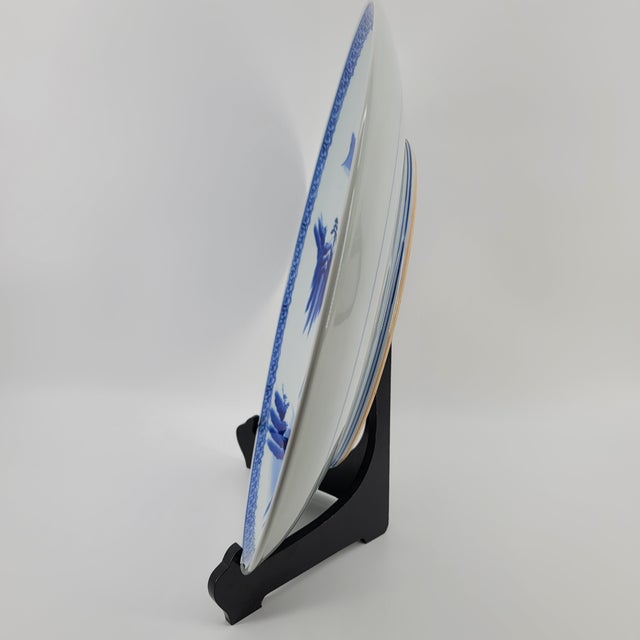 Japanese Vintage Japanese Imari Style 18" Charger - Blue & White Sansui Scenery With Stand For Sale - Image 3 of 10