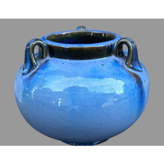 Arts & Crafts Vintage Fulper 3 Handled Bulbous Blue 6.25" Art Pottery Vase For Sale - Image 3 of 9