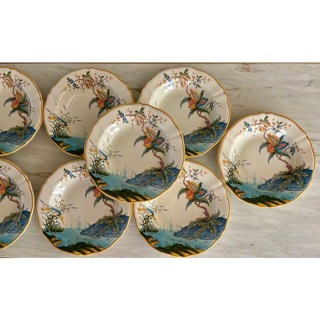 1990s Vintage Chinoiserie Gien Faiencerie "Magellan" Rim Soup Plates- Set of 12 For Sale - Image 5 of 11
