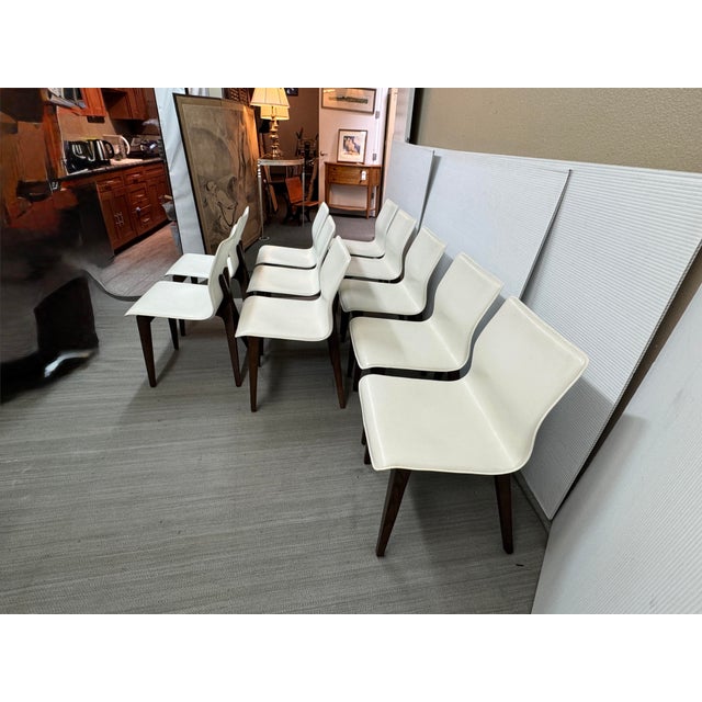 Wood X-Back White Leather and Dark Walnut Wood Dining Side Chairs, Set of Ten For Sale - Image 7 of 12