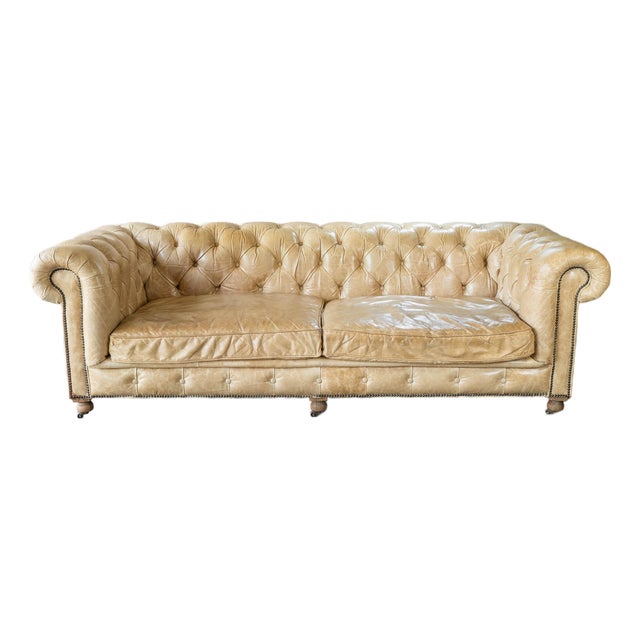 Restoration Hardware Tan Leather Kensington Luxe Sofa For Sale