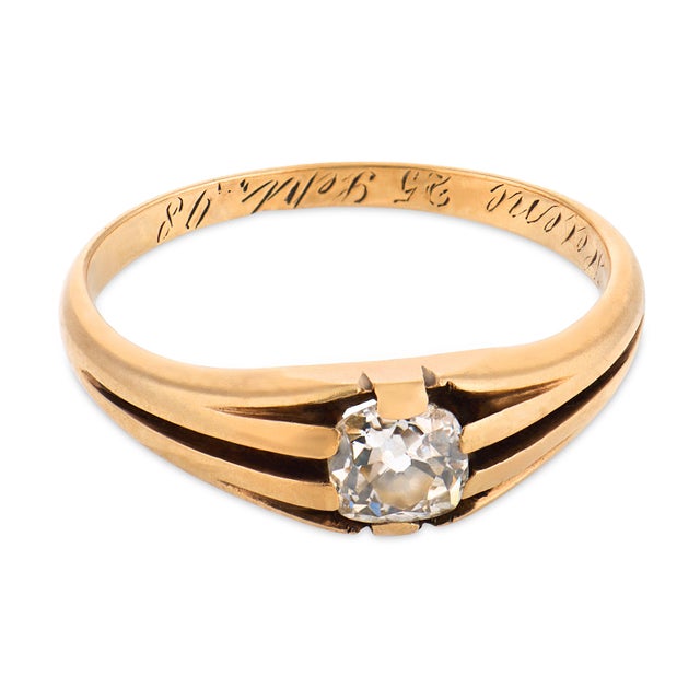 Victorian 19th Century Victorian Old Mine Cut Diamond 14k Yellow Gold Solitaire Ring, Size 7.5 For Sale - Image 3 of 5