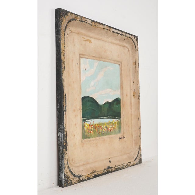 Hand painted acrylic scenic painting on antique tin ceiling panel. It is signed Heidi Van Lawn. Each piece is one of a...