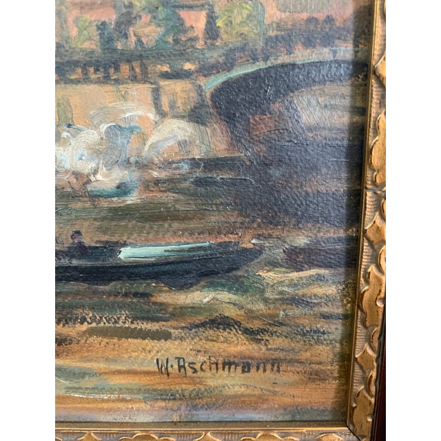 Willy Ashmann German Harbor Cityscape, Hamburg St. Catherine’s Church, Framed Oil Painting, Early 20th Century For Sale - Image 4 of 9