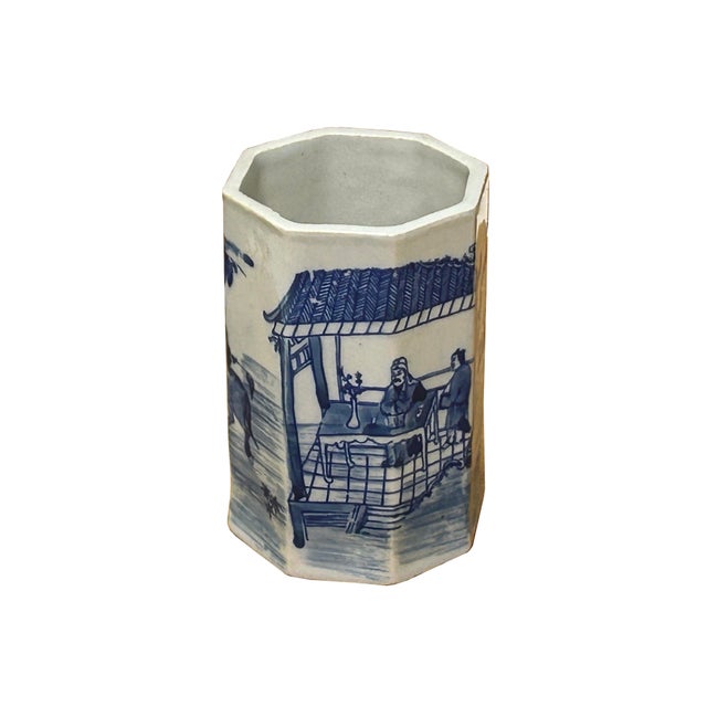 Ceramic 4" Small Octagonal Blue White Scenery Graphic Porcelain Art Vase For Sale - Image 7 of 16