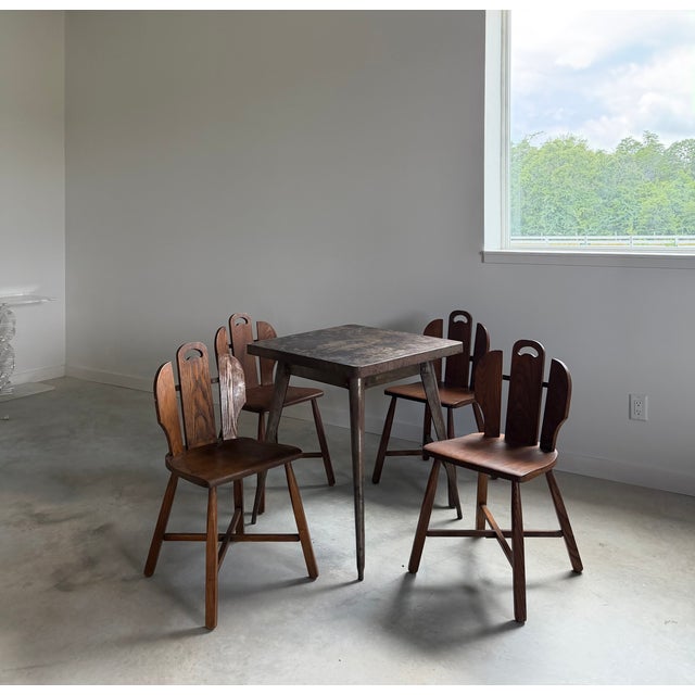 (4) Brutalist Oak Chairs Chalet-Style (After Puydt) + Steel Tolix Game Table, Set of 5 Pieces For Sale - Image 6 of 12