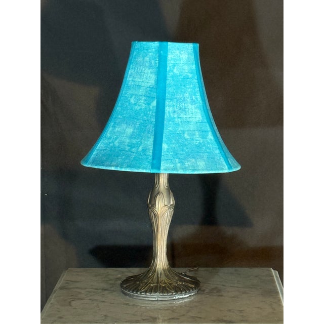 Mid 20th Century Matching Pair of Blue Shade Table Lamps With Bronze Tone Bases For Sale - Image 12 of 12