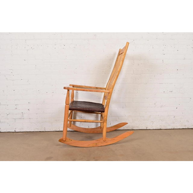 Sam Maloof Style Studio Crafted Solid Spalted Maple and Woven Leather Rocking Chair For Sale - Image 11 of 14