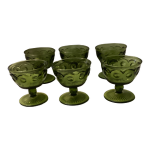 1960s Set of 6 Bartlett Collins Bull’s-Eye CANEManhattan, Crystal, Avocado, Green Glass, Low Sherbet Dishes