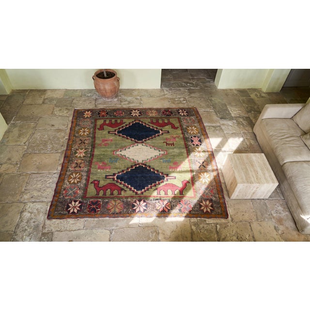 1920s Green Tribal Camel Animal Antique S. Persian Gabbeh Carpet 4' X 6'3" Knotted Wool Rug For Sale - Image 10 of 12
