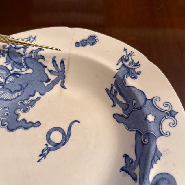 Rare early Masons Ironstone Soup Plate or Shallow wide rim Bowl, in a mythical dragon coburg blue and white transferware...
