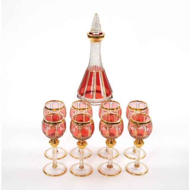 Exquisite Moser Cranberry Paneled Cut Crystal Wine Goblet / Decanter Service For Sale - Image 12 of 12
