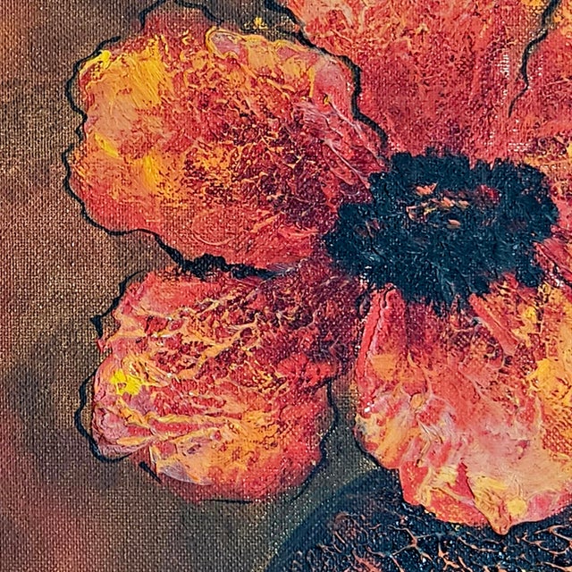 Mid-Century Modern Vintage Red Flower Oil on Board Painting Wood Frame Signed "Harper" For Sale - Image 3 of 11