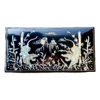 Tiger Smoking Box & Ashtray Set Circa 1950 Korean Black Lacquer Mother-of-Pearl For Sale