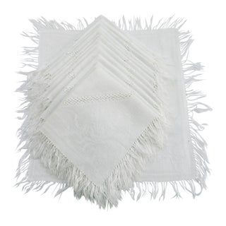 Linen Damask Cocktail Napkins With Drawnwork and Fringe - Set of 13 For Sale