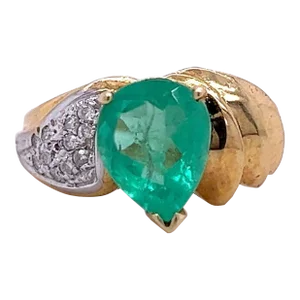 Pear Shape Colombian Emerald and Diamond Ring in 14k Yellow Gold, Size 6