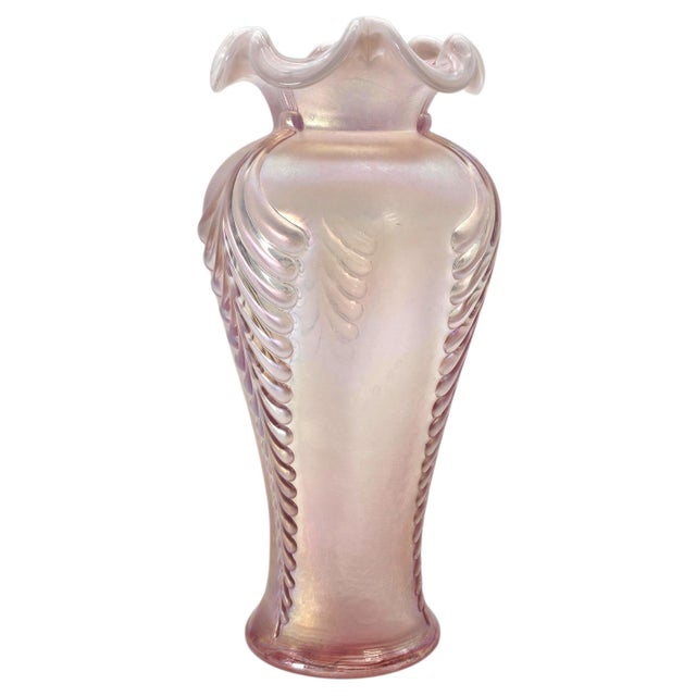 Fenton Art Glass Company Fenton Pink Opalescent Carnival Glass Feather Pattern Ruffled Vase, Mid-Century For Sale - Image 4 of 16