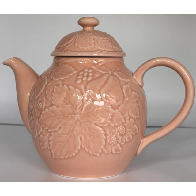 Majolica Style Blush Pink Woodland Berry and Fruit Motif Tea Pot After Bordallo Pinheiro For Sale - Image 4 of 10