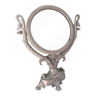 Vintage Hollywood Regency Silver-Tone Cast Metal Swan Vanity Mirror For Sale