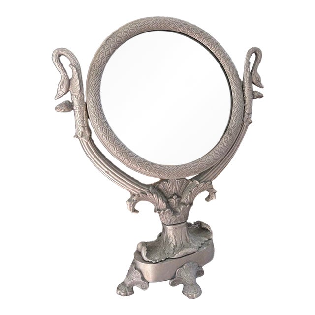 Vintage Hollywood Regency Silver-Tone Cast Metal Swan Vanity Mirror For Sale