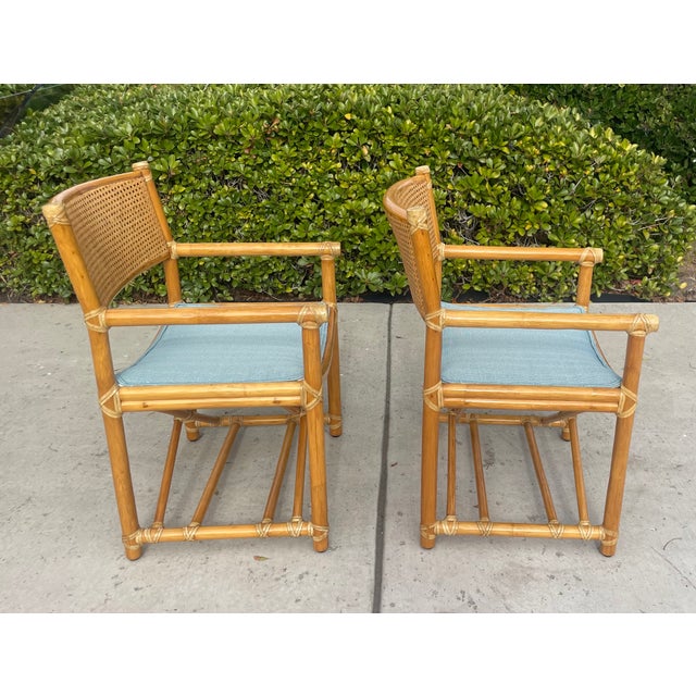 Contemporary Pair of Vintage Rattan McGuire Directors Style Armchairs, Newly Upholstered Sunbrella Seats For Sale - Image 3 of 10