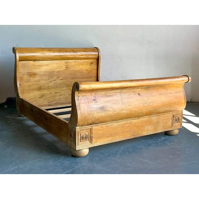 Farmhouse Vintage Boho Knotty Pine Queen Sleigh Bed For Sale - Image 3 of 6