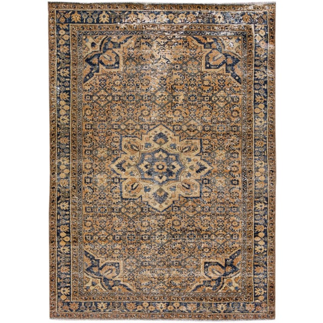 Textile 1960s Vintage Persian Distressed Handmade Medallion Beige Wool Rug For Sale - Image 7 of 7
