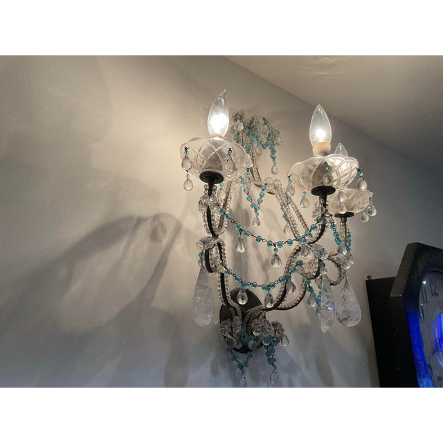 2000 - 2009 Pair of Crystal & Turquoise Beaded Three-Light Wall Sconces For Sale - Image 5 of 6