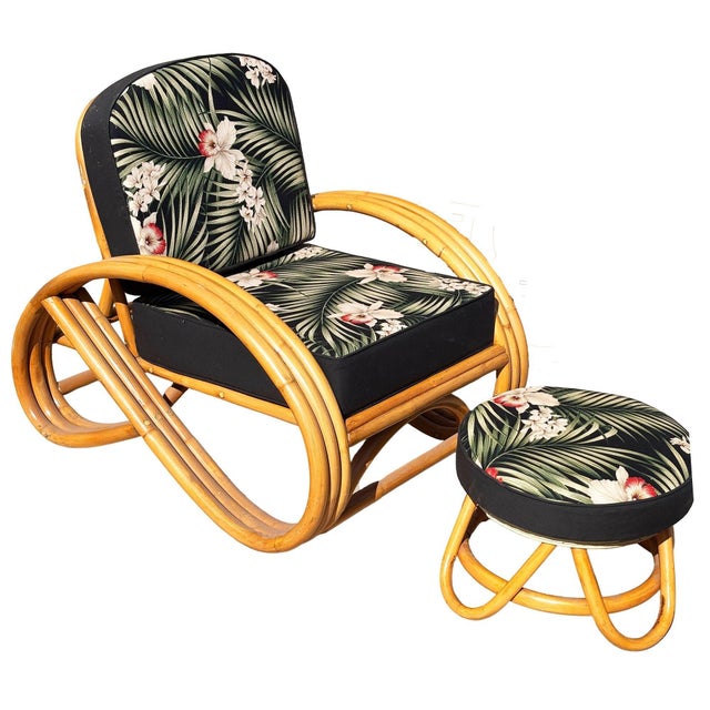 This beautifully restored coastal Mid Century 3/4 round pretzel arm rattan lounge chair pair, each with matching ottoman ....