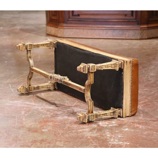 19th Century French Louis XIV Style Carved Bleached Oak Bench With Leather Seat For Sale - Image 11 of 11