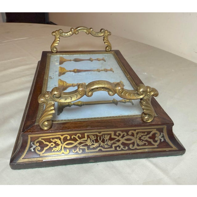 Brass Antique 19th Century French Boulle Wood Brass Original Watercolor Vanity Tray For Sale - Image 8 of 14