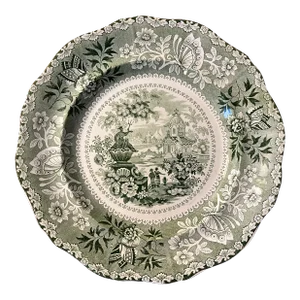 Antique 19th Century Davenport Green Transferware Plate Florentine Fountain Pattern Hill and Henderson Importers, New Orleans