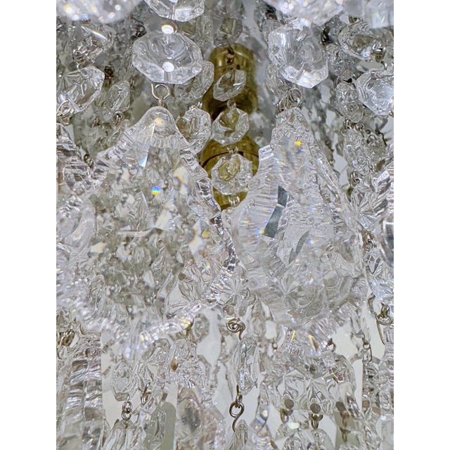1950s Vintage Hollywood Regency Floral Embossed Brass French Crystal Basket Chandelier For Sale - Image 5 of 8