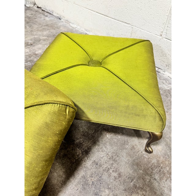 Hollywood Regency Olive Green Silk Button Tufted Footstools - A Pair For Sale - Image 12 of 12