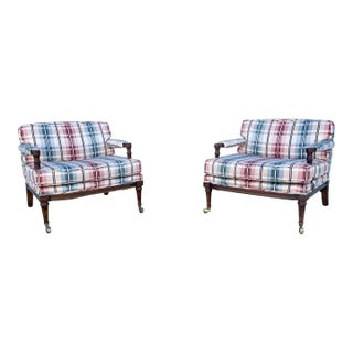 1970s Mid Century Mahogany Lounge Chairs With Brass Casters- Set of 2 For Sale