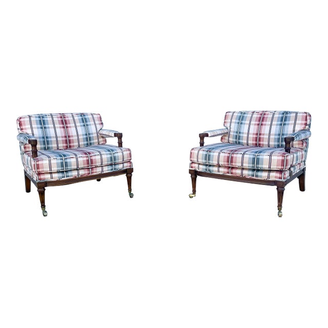 1970s Mid Century Mahogany Lounge Chairs With Brass Casters- Set of 2 For Sale