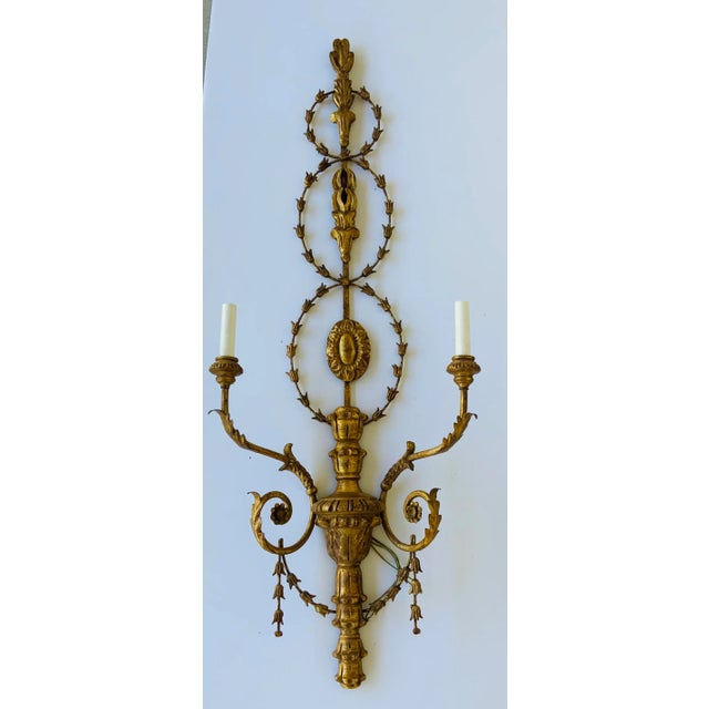 Original Retail $6900, stylish Myran Allan Luxury Lighting Italian Craved Wood Gold Sconces Pair, showroom floor samples