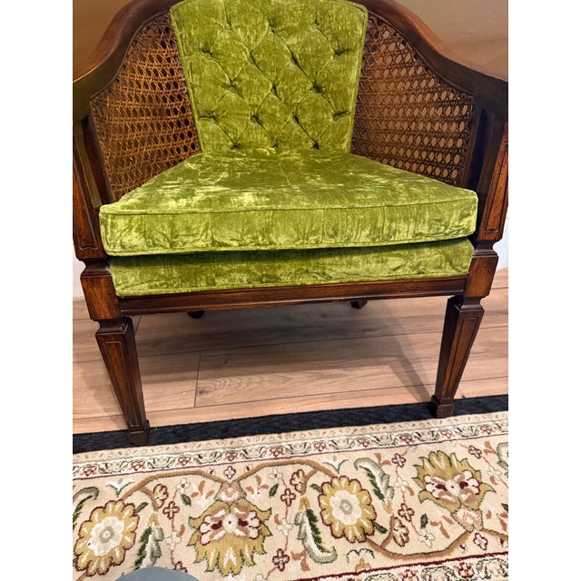 Vintage Green Velvet & Cane Accent Chair W/ Cushion For Sale - Image 4 of 14